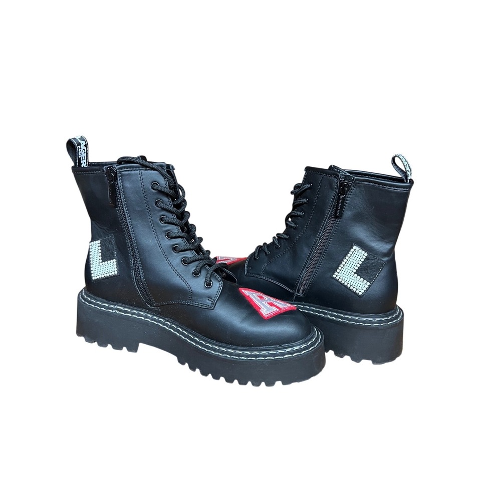 Karl Lagerfeld Paris Dixie Black Combat Boots Studded Patch Lug Sole Mens 9.5